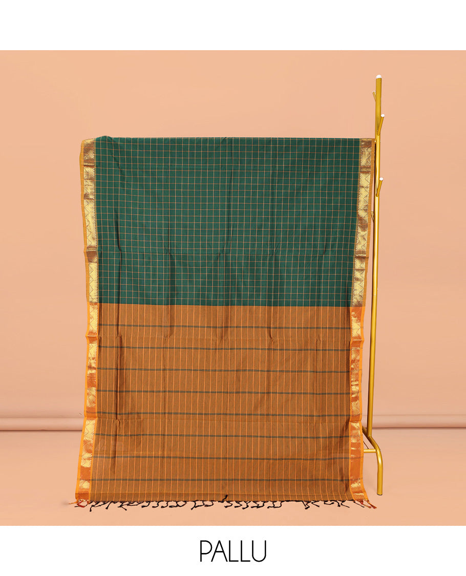 Green Checked Poly Cotton Saree, Complemented by a Contrast Traditional Zari Border, Contrast Striped Pallu, and Paired with a Contrast Blouse
