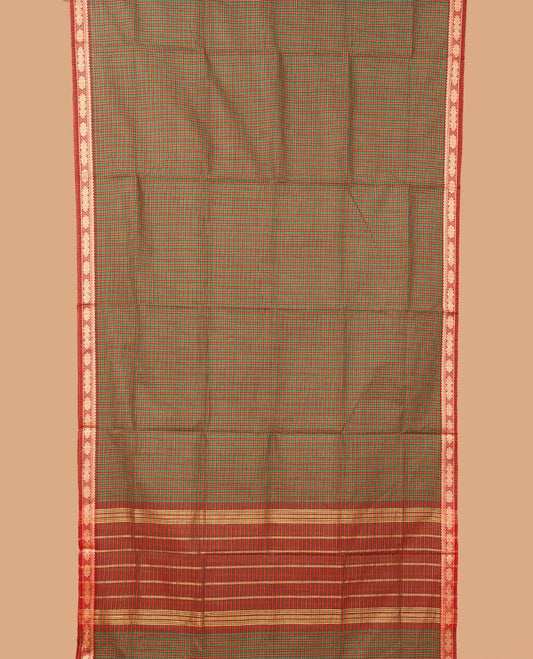 Multi-color micro-checked nine-yard cotton saree, traditional motifs border, and pallu of stripes