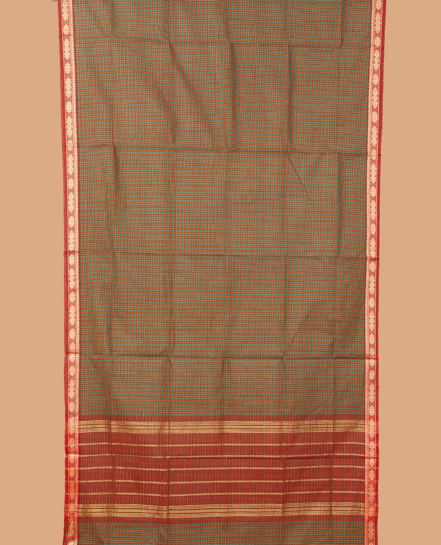 Multi-color micro-checked nine-yard cotton saree, traditional motifs border, and pallu of stripes