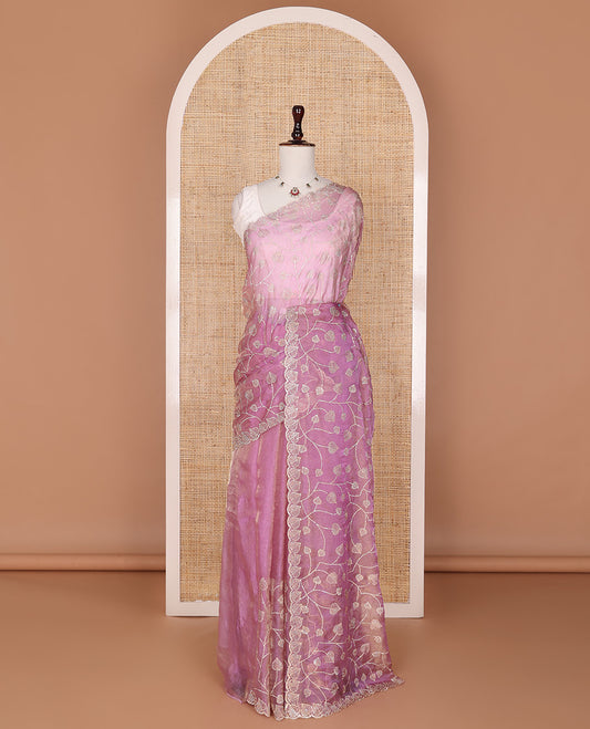 Onion pink stone embroidered leaf vine designer saree, scallop leaf motifs in stone work border