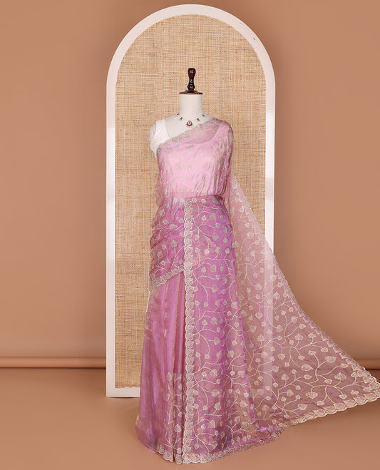 Onion pink stone embroidered leaf vine designer saree, scallop leaf motifs in stone work border