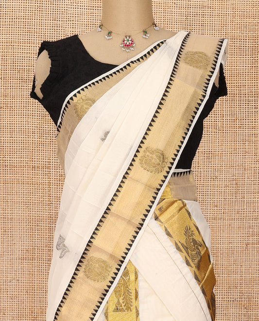 Cream thread buttas Kerala mundu set, zari peacock motifs printed temple border