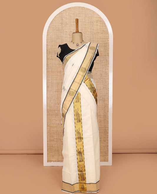Cream thread buttas Kerala mundu set, zari peacock motifs printed temple border
