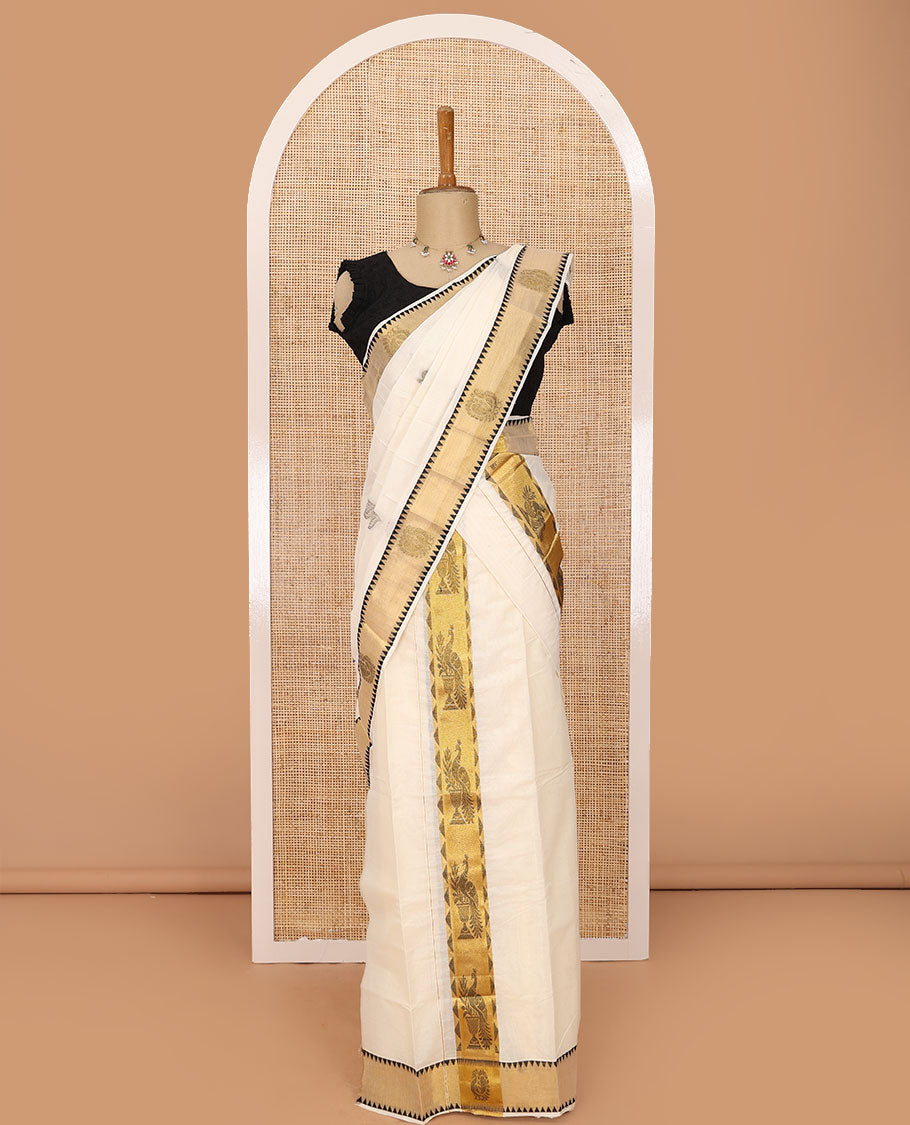 Cream thread buttas Kerala mundu set, zari peacock motifs printed temple border