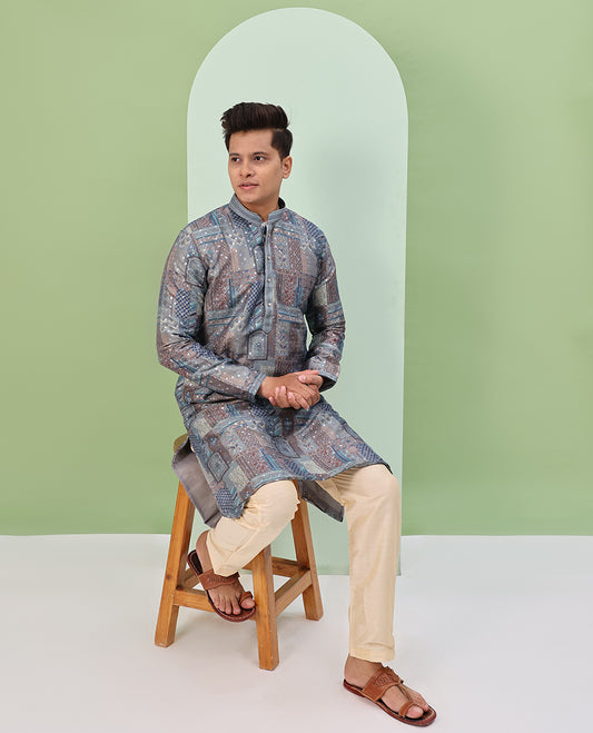 Grey base colorful Mughal-style floral and geometric motifs printed with glitter work full-sleeved readymade kurta