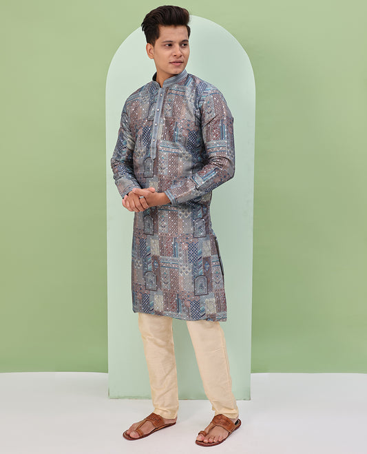 Grey base colorful Mughal-style floral and geometric motifs printed with glitter work full-sleeved readymade kurta