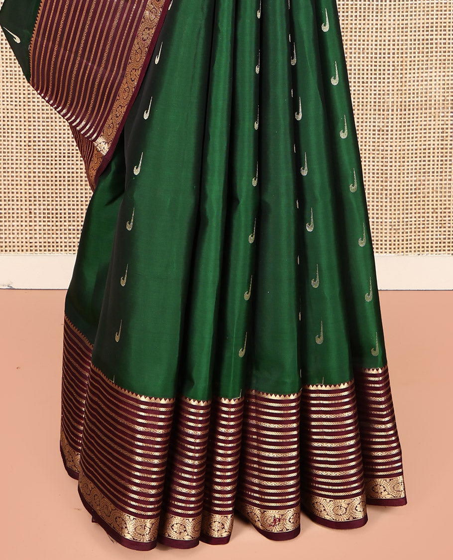 Green Mayuri Lite Silk Mix Saree, Delicately Woven with Muniya Buttas, Contrast Border of Rekku, Kathir, Neli, and Dhavana Kodi, Pallu of Jaal Designs, and Contrast Blouse