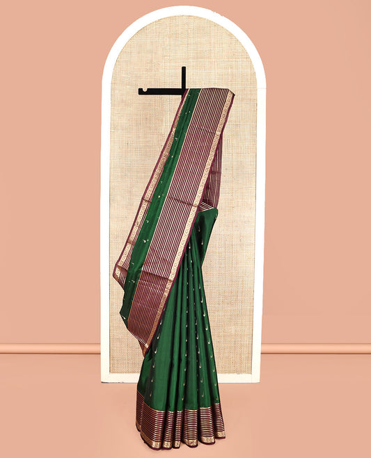 Green Mayuri Lite Silk Mix Saree, Delicately Woven with Muniya Buttas, Contrast Border of Rekku, Kathir, Neli, and Dhavana Kodi, Pallu of Jaal Designs, and Contrast Blouse