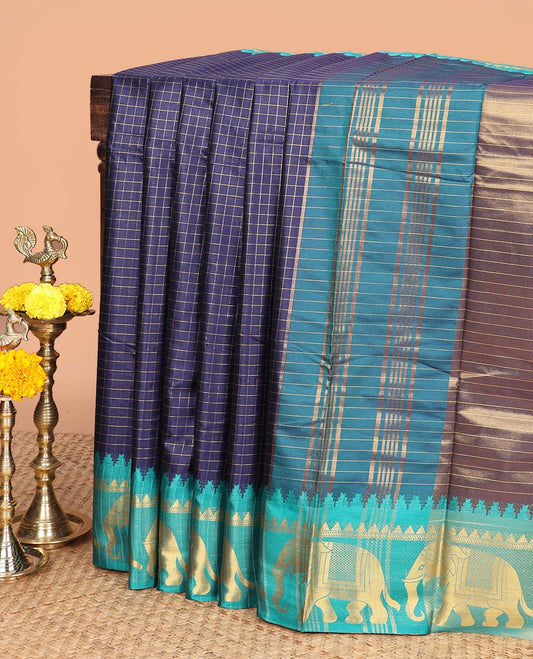 Navy blue zari checked design dola silk saree with contrast elephant design border & chit pallu along with checked design blouse