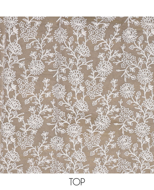 Pastel yellow material chudidar set, floral vine chikankari style embroidered top, plain bottom, and organza dupatta of floral motifs embroidery