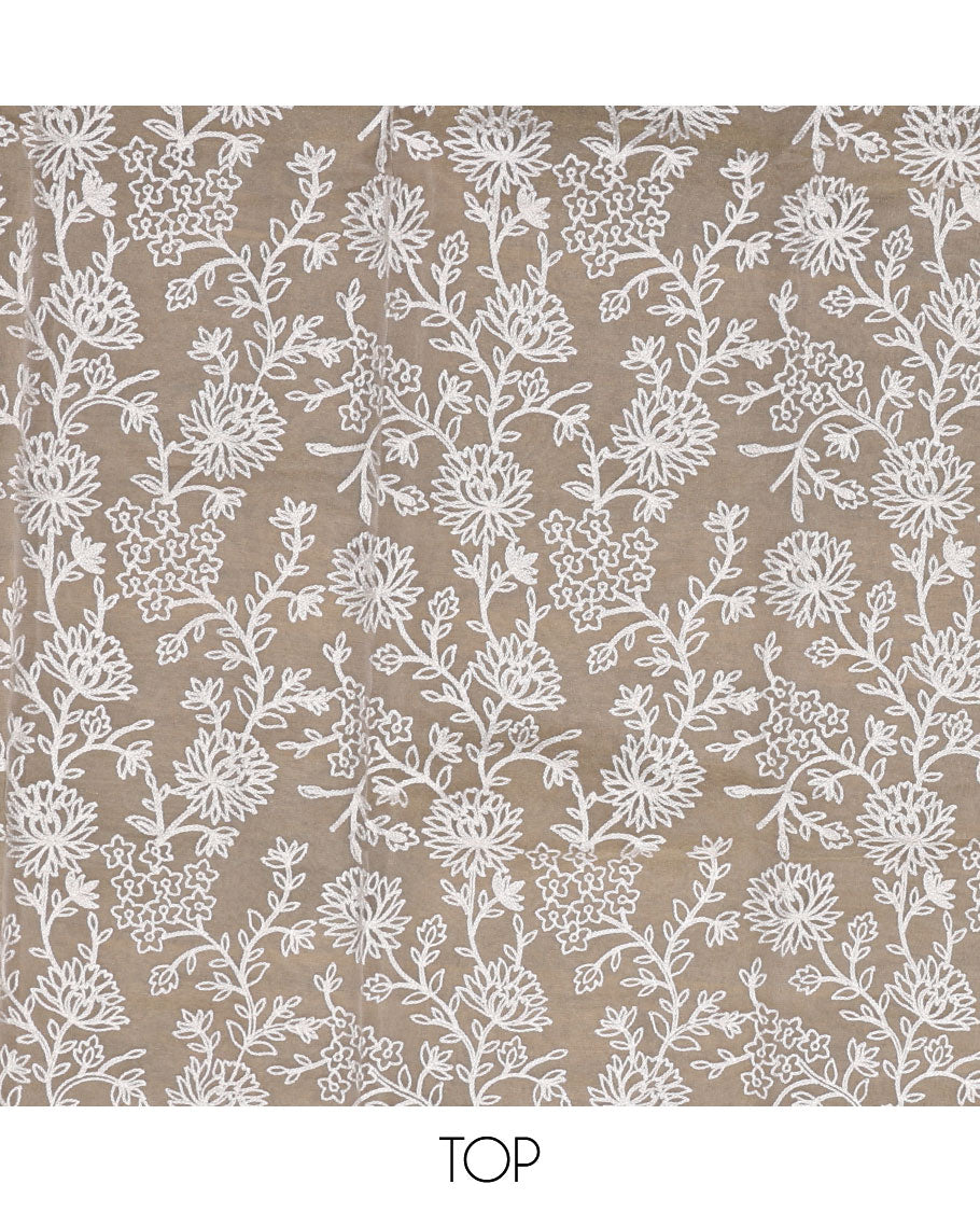 Pastel yellow material chudidar set, floral vine chikankari style embroidered top, plain bottom, and organza dupatta of floral motifs embroidery