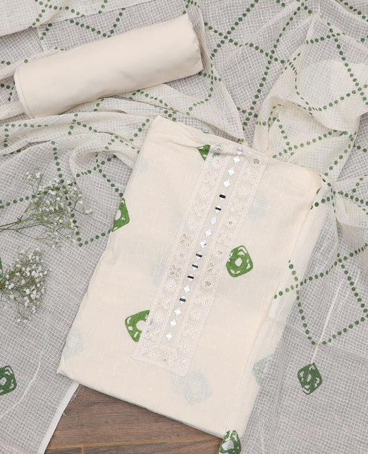 White-green material churidar set, shibori motifs print with mirror embroidered top, plain bottom, and a chex kota dupatta of polka dots