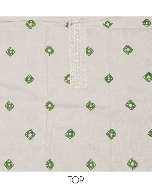 White-green material churidar set, shibori motifs print with mirror embroidered top, plain bottom, and a chex kota dupatta of polka dots