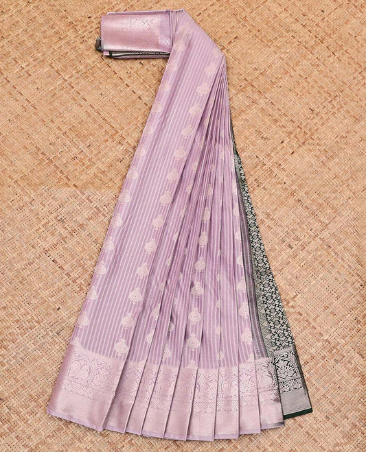 Grey Budget Silk Saree, Steeped with Buttas and Stripes All Over Its Body, Highlighted by Traditional Zari Designs Woven Border, Grand Pallu and Paired with a Contrast Blouse