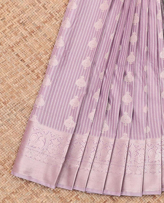 Grey Budget Silk Saree, Steeped with Buttas and Stripes All Over Its Body, Highlighted by Traditional Zari Designs Woven Border, Grand Pallu and Paired with a Contrast Blouse