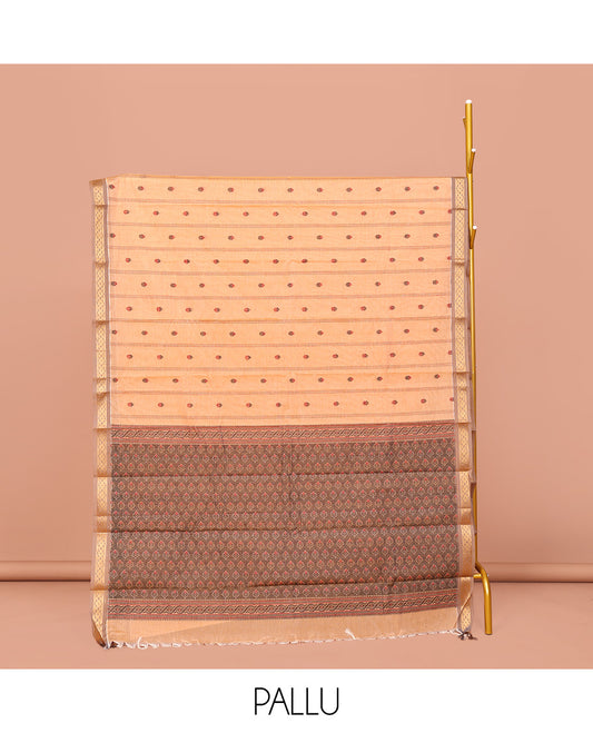 Sandal Kanchi Cotton Saree, Adorned with Buttas and Stripes on Its Body, Complemented by Contrast Zari Border, a Pallu of Buttas, and Paired with a Matching Blouse
