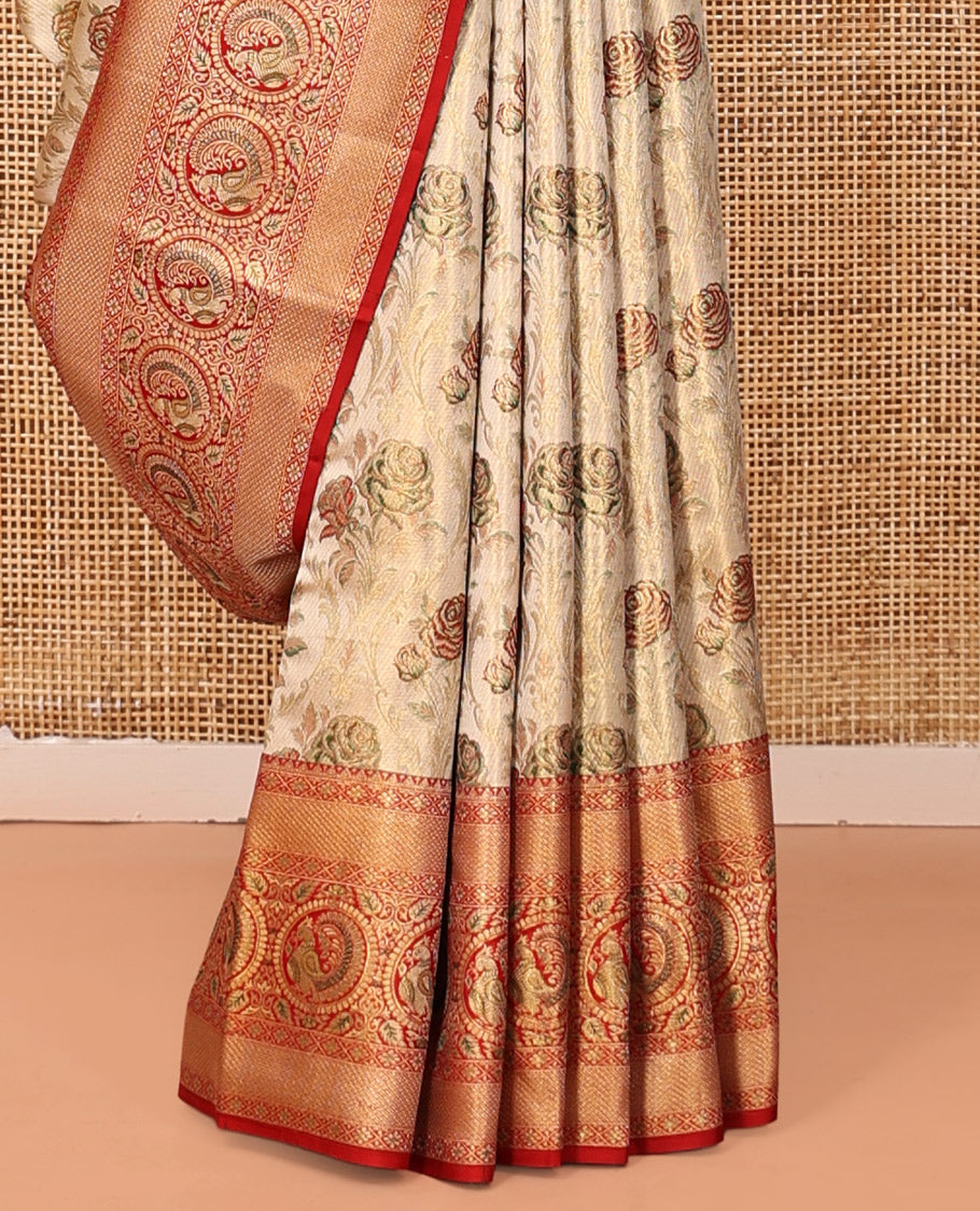 Gold Floral Jacquard Kanchipuram Tissue Silk Saree, a Contrast Border of Rekku, Diamond, and Round Mayil Design, Grand Pallu, and a Contrast Blouse