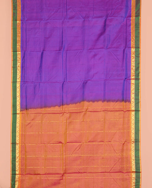 Violet striped nine-yard silk saree, contrast rettai pettu border of thazampoo rekku and kathir designs, and zari striped pallu
