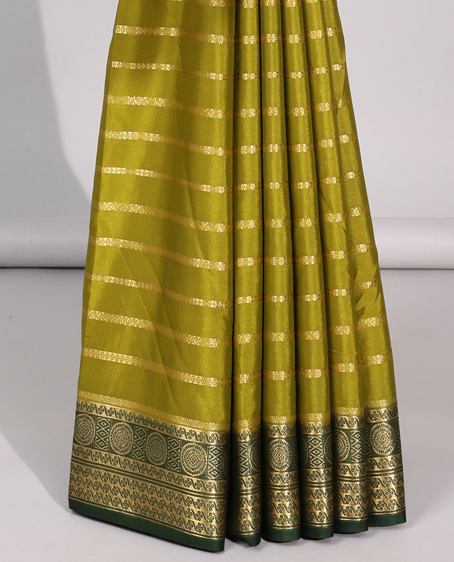 Green striped zari mysore silk saree with contrast intricate zari border & striped zari pallu