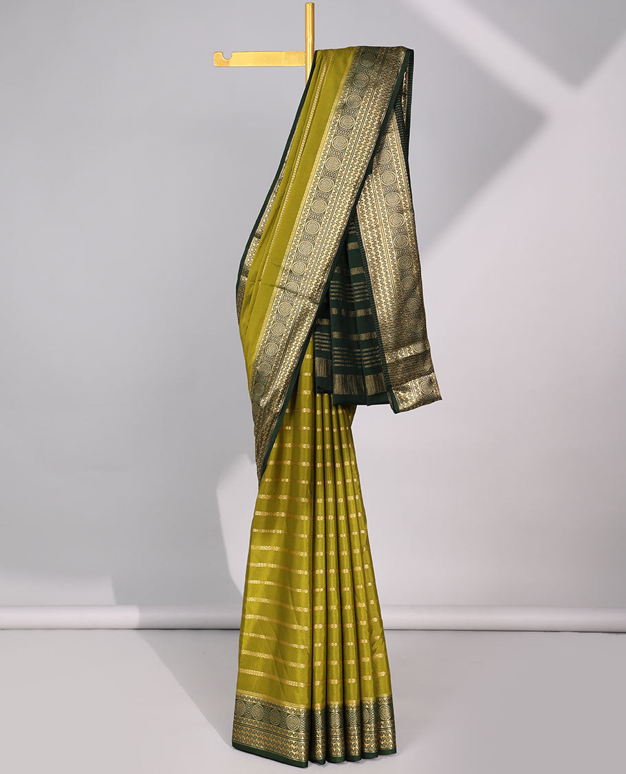 Green striped zari mysore silk saree with contrast intricate zari border & striped zari pallu
