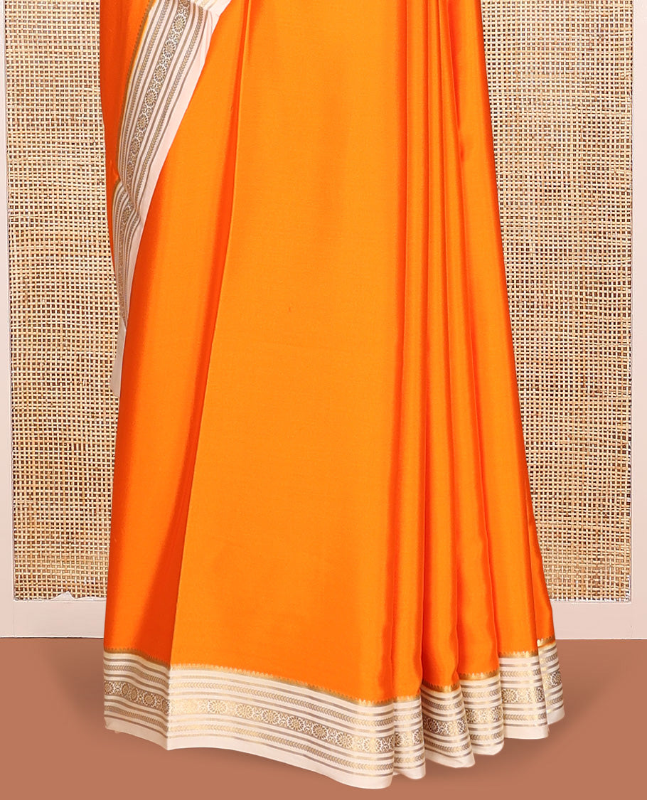 Orange Plain Mysore Silk Saree, Complemented by a Contrast Traditional Zari Border, Zari Design Pallu, and a Contrast Blouse