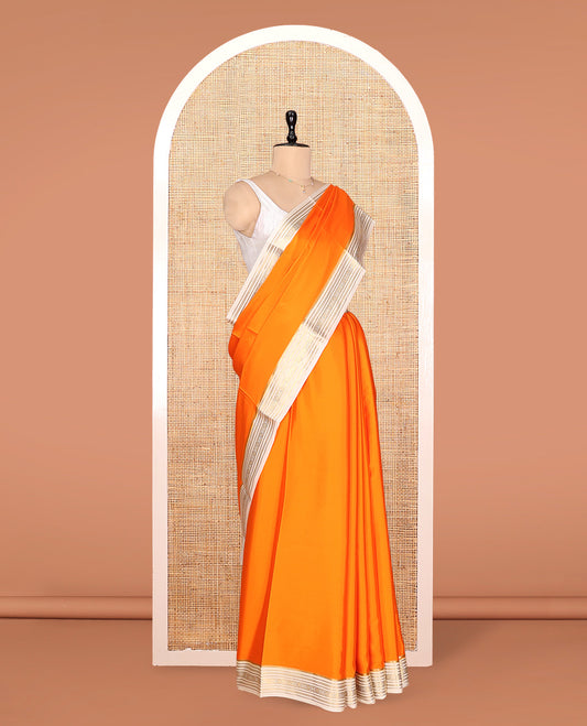 Orange Plain Mysore Silk Saree, Complemented by a Contrast Traditional Zari Border, Zari Design Pallu, and a Contrast Blouse