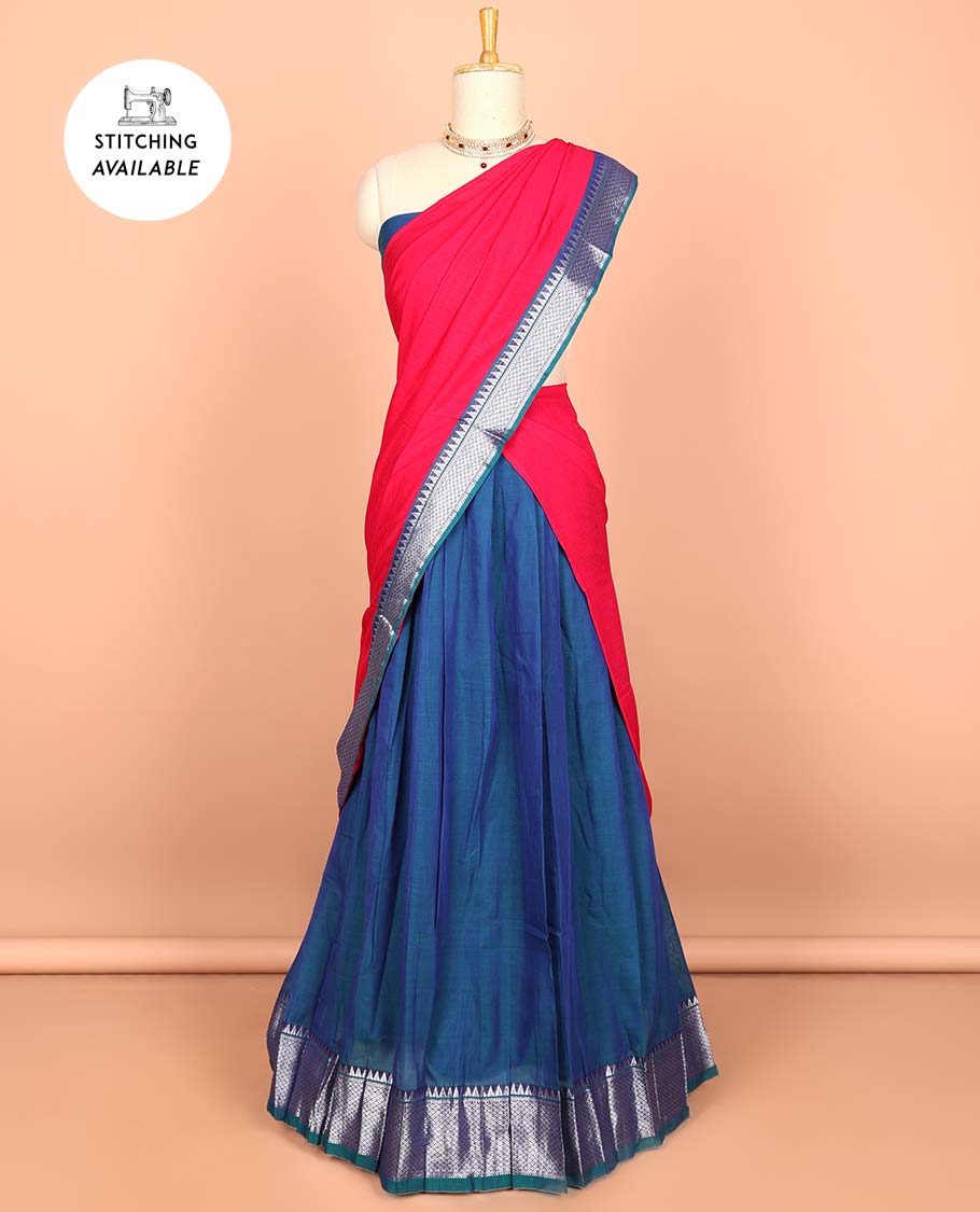 Green cotton half saree with contrast zari border, plain blouse & plain with zari border dhavani