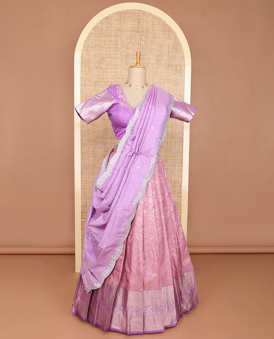 Pink floral art silk half saree with contrast zari design border, embroidery blouse & floral embroidery dhavani