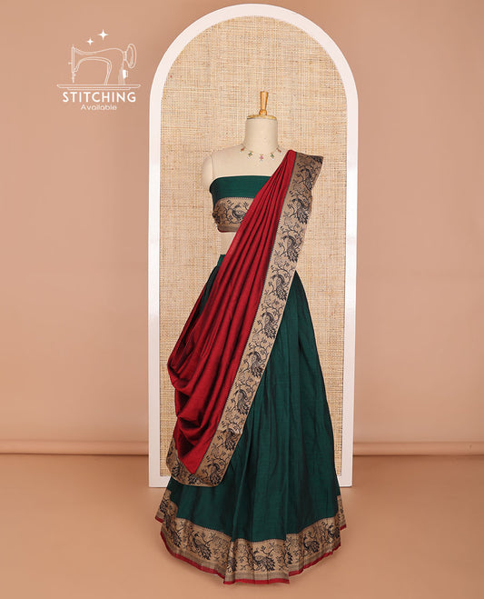 Green cotton half saree with peacock design border, peacock, floral design blouse & floral, peacock design border dhavani