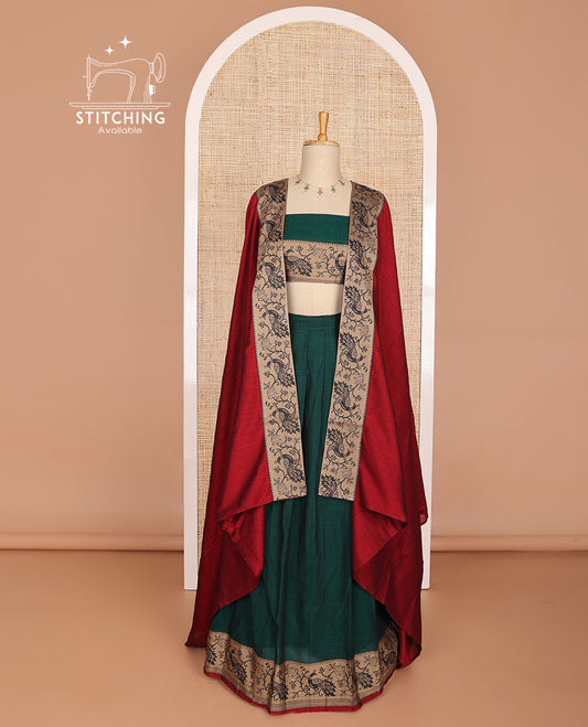 Green cotton half saree with peacock design border, peacock, floral design blouse & floral, peacock design border dhavani