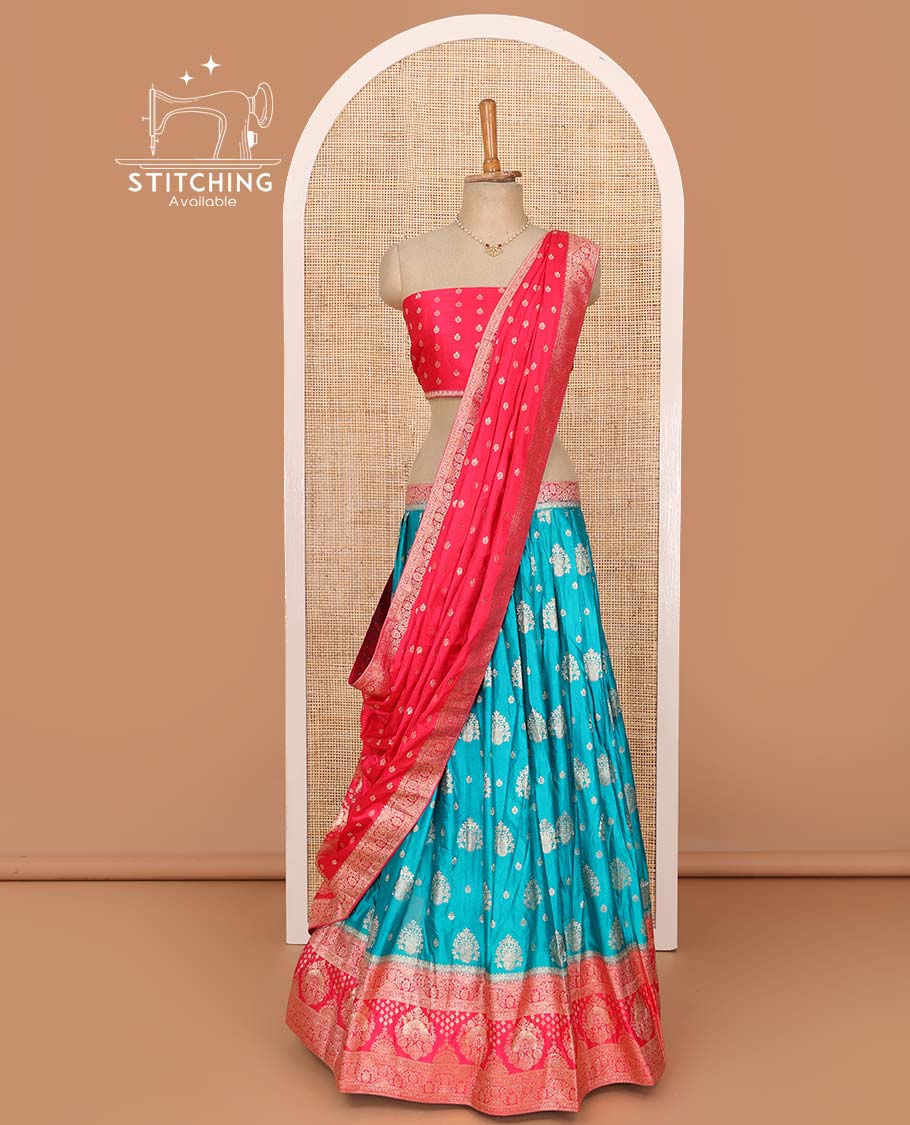 Blue lehenga set, zari buttas with contrast traditional design border skirt, contrast buttas blouse, and banarasi zari design dupatta