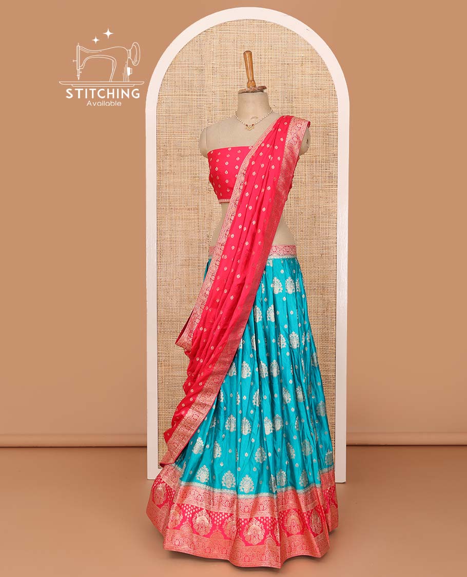Blue lehenga set, zari buttas with contrast traditional design border skirt, contrast buttas blouse, and banarasi zari design dupatta