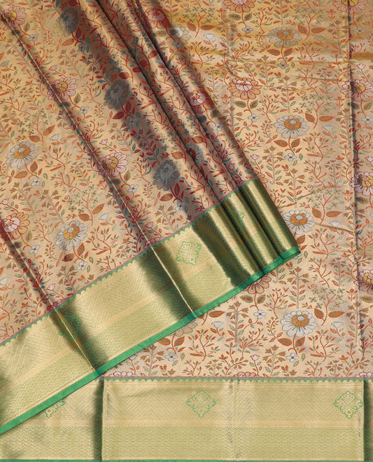 Sandal art silk pavadai material set, floral meenakari jacquard pavadai, contrast olive green blouse & traditional zari border
