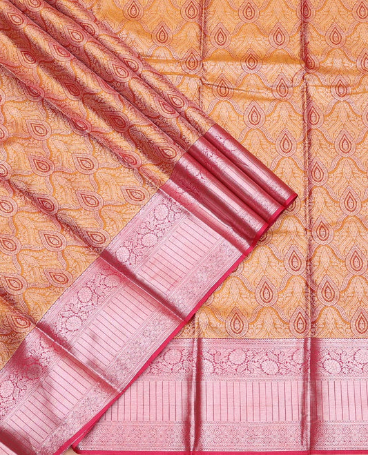 Gold Art Silk Pavadai Material Set Decorated with Jacquard Design on Its Skirt, Complemented by a Contrast Traditional Zari Design Border, and Paired with a Contrast Blouse