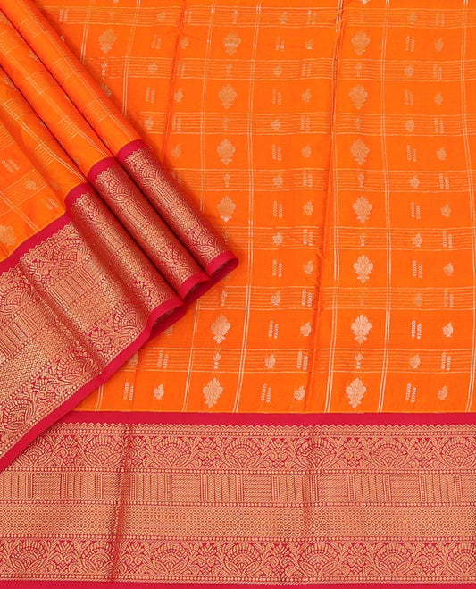 Orange  Art Silk Pavadai Material Set, Spotlighted with Zari Butta Enclosed Checks Skirt, Complemented by a Contrast Traditional Zari Design Border, and Paired with a Contrast Blouse