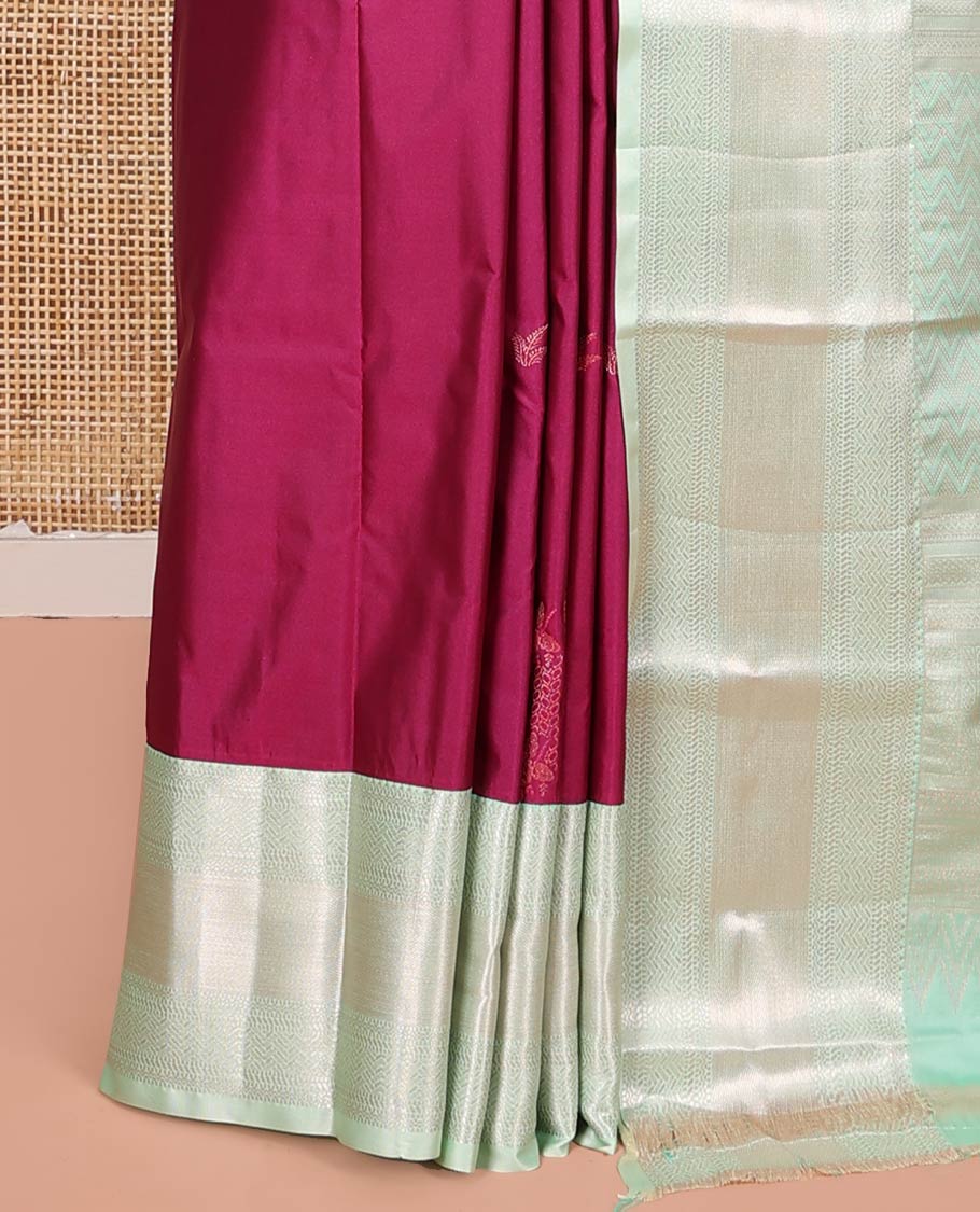 Magenta Budget Silk Saree, Mesmerized with Zari Buttas All Over Its Body, Complemented by a Contrast Traditional Zari Design Border, Grand Chevron Striped Pallu, and Paired with a Contrast Blouse