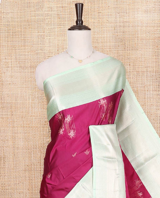 Magenta Budget Silk Saree, Mesmerized with Zari Buttas All Over Its Body, Complemented by a Contrast Traditional Zari Design Border, Grand Chevron Striped Pallu, and Paired with a Contrast Blouse