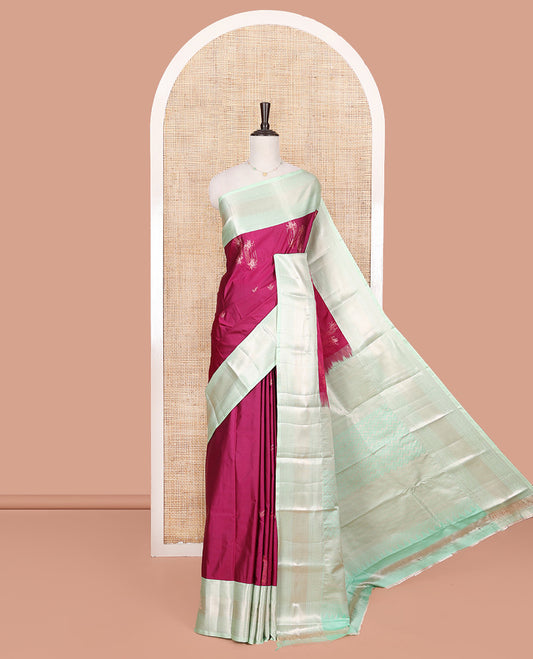 Magenta Budget Silk Saree, Mesmerized with Zari Buttas All Over Its Body, Complemented by a Contrast Traditional Zari Design Border, Grand Chevron Striped Pallu, and Paired with a Contrast Blouse
