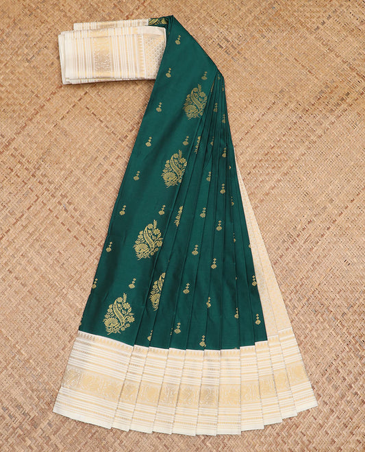 Green zari buttas budget silk saree, contrast traditional zari rettai pettu border, and intricate pallu