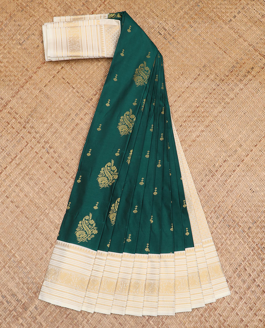 Green zari buttas budget silk saree, contrast traditional zari rettai pettu border, and intricate pallu