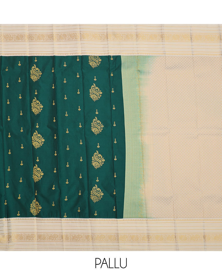 Green zari buttas budget silk saree, contrast traditional zari rettai pettu border, and intricate pallu