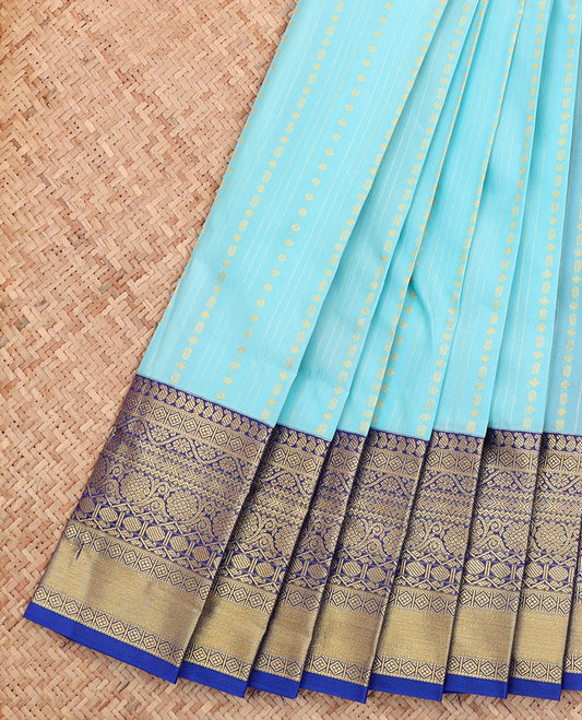 Blue Budget Silk Saree, Sparsely Sparkled with Zari Buttas on Its Body, Complemented by a Contrast Traditional Zari Design Border, Grand Pallu, and Paired with a Contrast Blouse