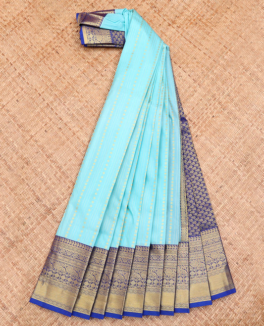Blue Budget Silk Saree, Sparsely Sparkled with Zari Buttas on Its Body, Complemented by a Contrast Traditional Zari Design Border, Grand Pallu, and Paired with a Contrast Blouse