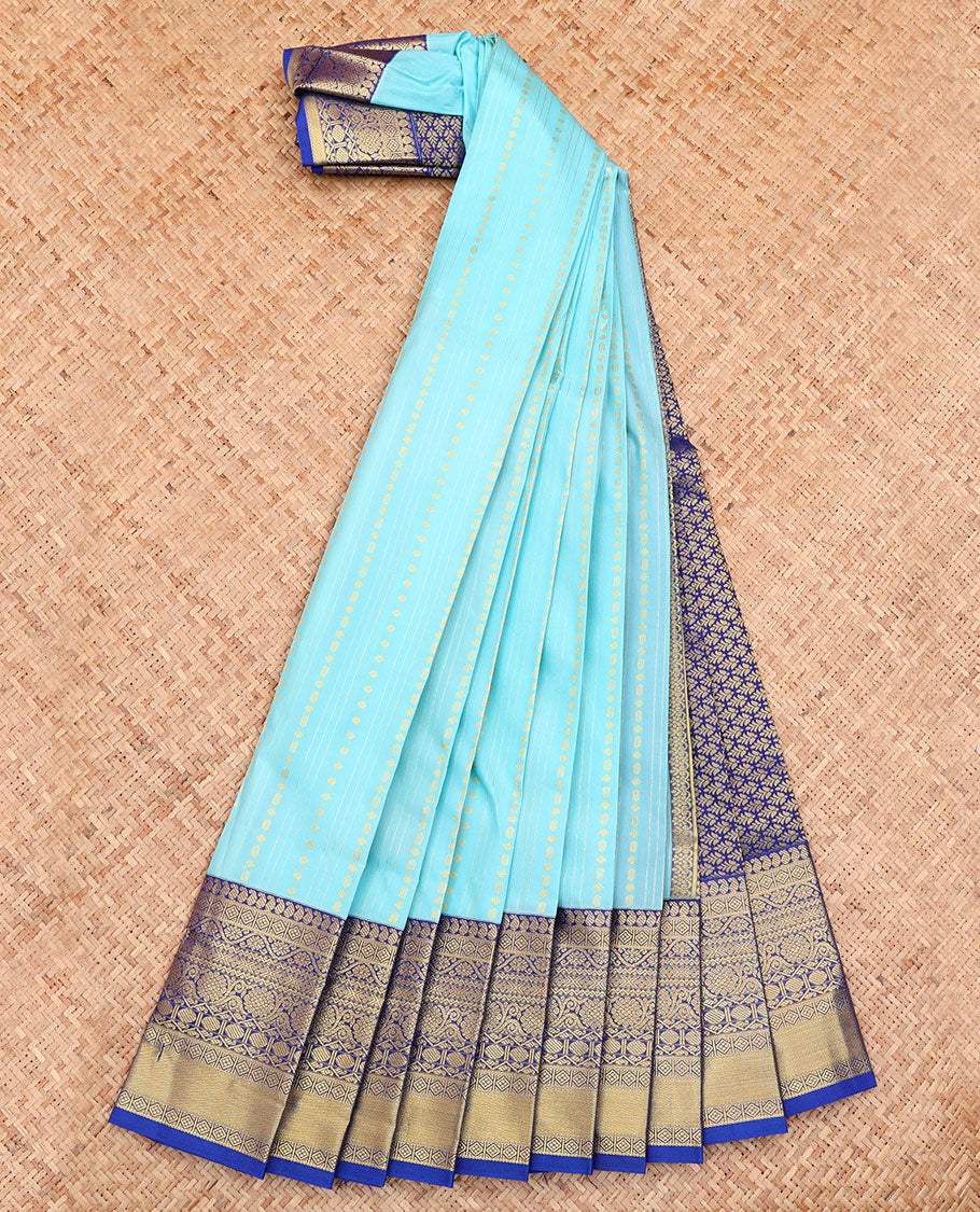 Blue Budget Silk Saree, Sparsely Sparkled with Zari Buttas on Its Body, Complemented by a Contrast Traditional Zari Design Border, Grand Pallu, and Paired with a Contrast Blouse