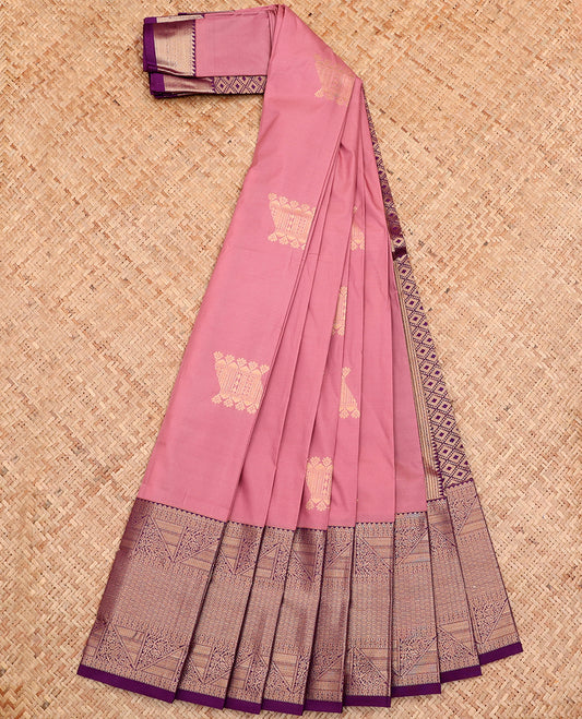 Pink Budget Silk Saree, Gleamed Up with Zari Buttas All Over Its Body, Complemented by a Contrast Traditional Zari Design Border, Grand Jaal Pallu, and Paired with a Contrast Blouse
