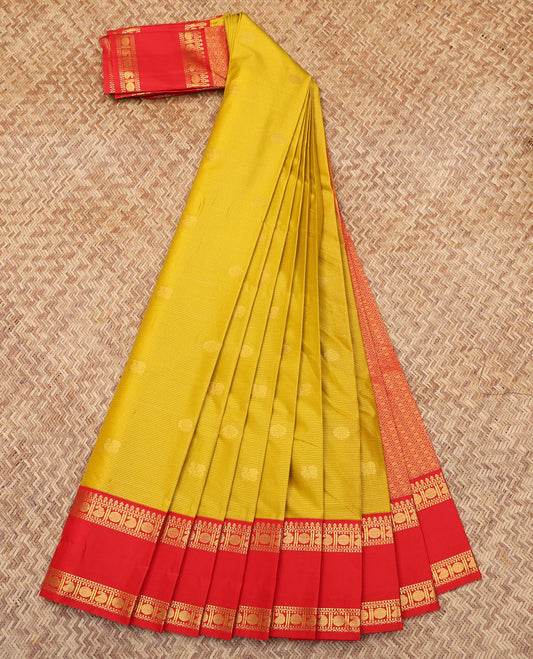 Mustard Budget Silk Saree, Subtly Sparkled with Buttas and Stripes, Complemented by a Contrast Traditional Rettai Pettu Border, Jaal Pallu, and a Contrast Blouse