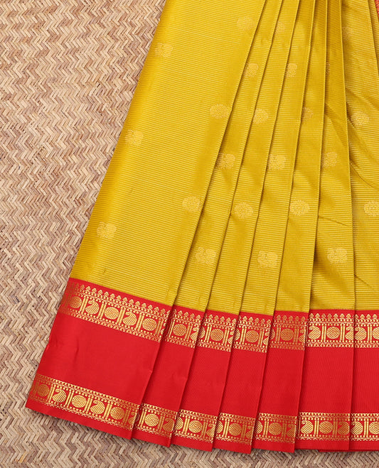 Mustard Budget Silk Saree, Subtly Sparkled with Buttas and Stripes, Complemented by a Contrast Traditional Rettai Pettu Border, Jaal Pallu, and a Contrast Blouse