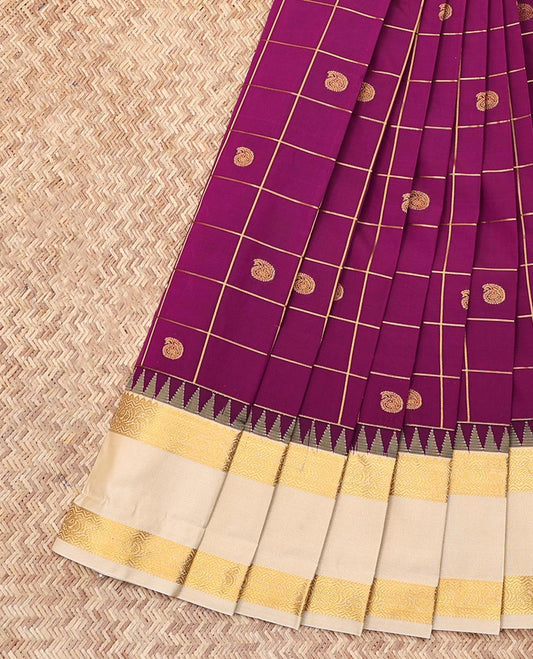 Purple Budget Silk Saree, Embellished with Paisley Butta Enclosed Checks, Complemented by a Contrast Traditional Zari Rettai Pettu Border, Grand Pallu, and a Contrast Blouse