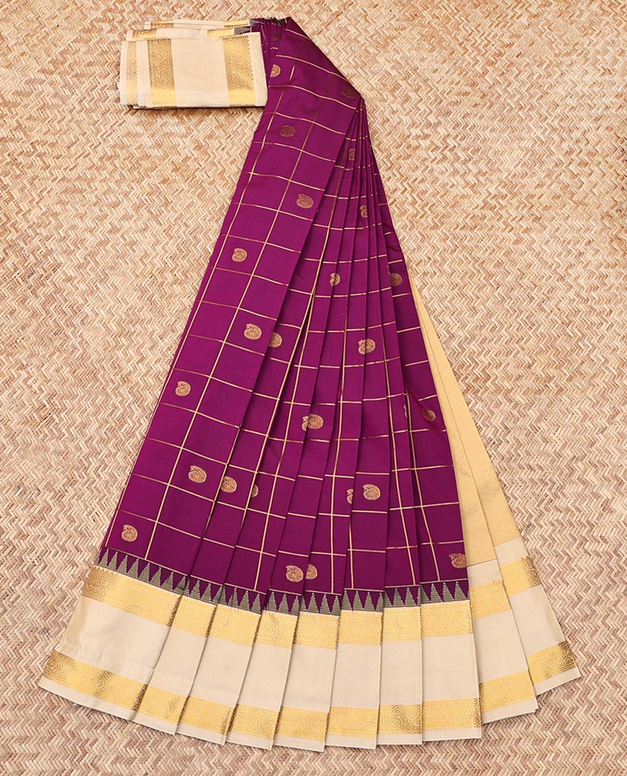 Purple Budget Silk Saree, Embellished with Paisley Butta Enclosed Checks, Complemented by a Contrast Traditional Zari Rettai Pettu Border, Grand Pallu, and a Contrast Blouse