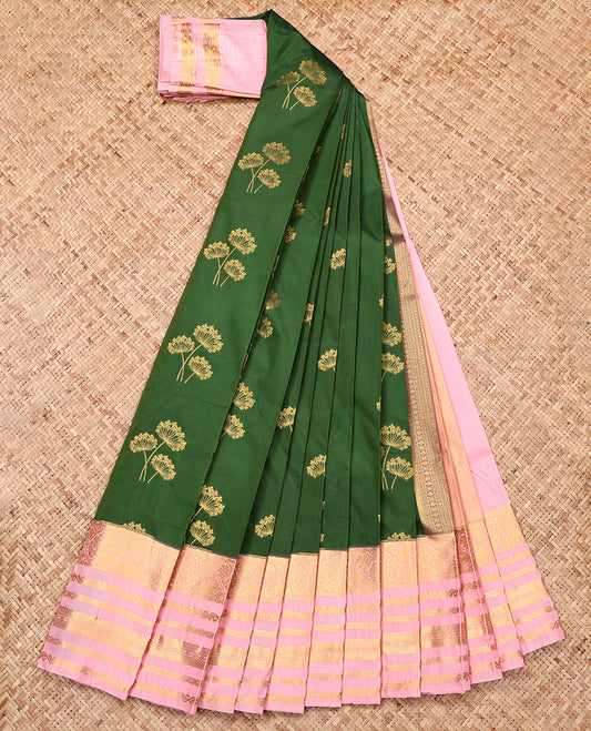 Green Budget Silk Saree, Artfully Detailed with Zari Buttas, Complemented by a Contrast Traditional Zari Border, Grand Pallu, and a Contrast Blouse